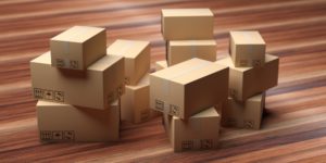 Cardboard packages stack on wood floor. 3d illustration